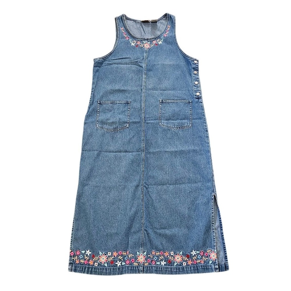 Vintage Expressions Floral Embroidered Denim Maxi Jumper Dress Blue Womens Large
